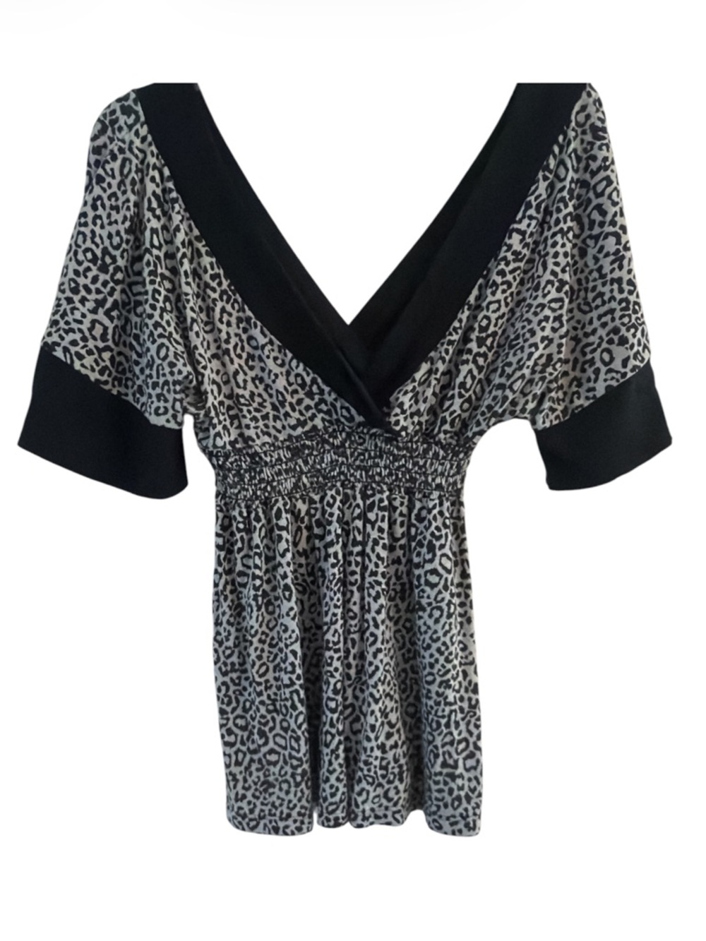 Miken Leopard Print Plunge V Neck Smocked Tunic Kimono Dolman Sleeve Y2K L